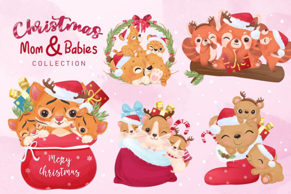 Cute Mom and Babies Christmas Decoration Illustrations