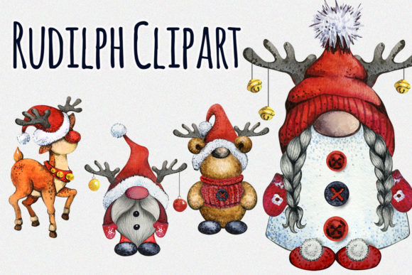 Rudolph Deer Clipart, Christmas Gnome Illustration