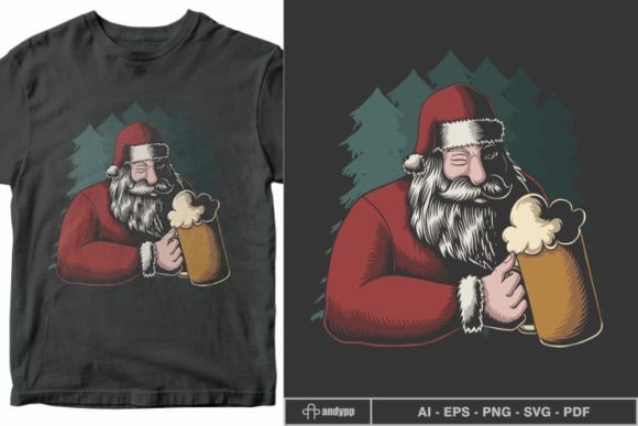 Santa Drinking Beer Merry Christmas Embroidery