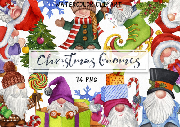 Watercolor Christmas Cute Gnomes Illustrations