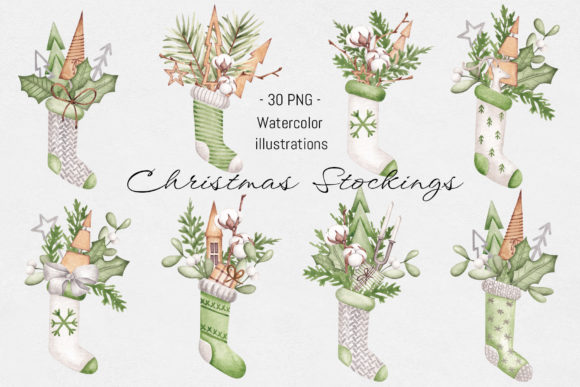Watercolor Christmas Stockings Illustrations for Festive Design